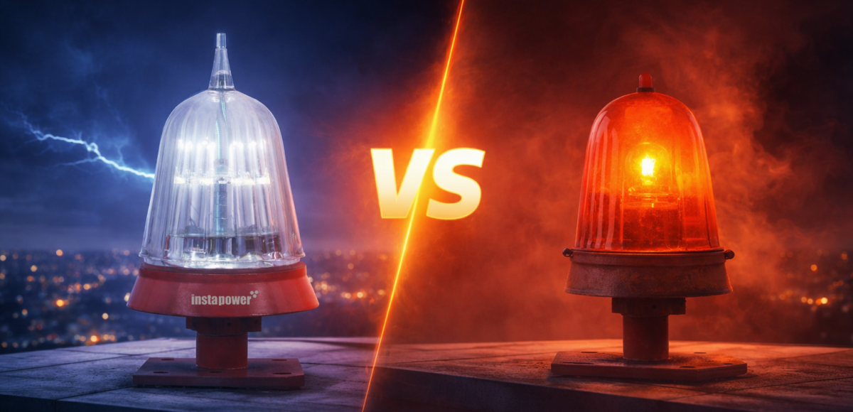 LED aviation warning light compared with traditional obstruction lighting for towers and high-rise structures