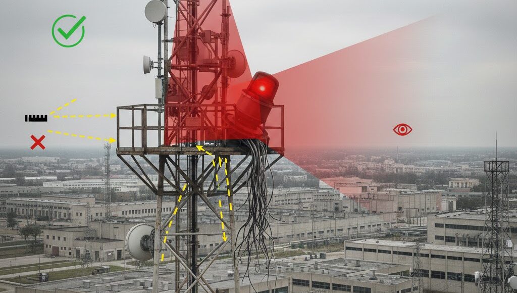 Red aviation warning light installed on industrial tower for aircraft safety compliance