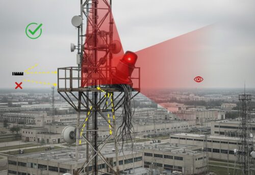 Red aviation warning light installed on industrial tower for aircraft safety compliance